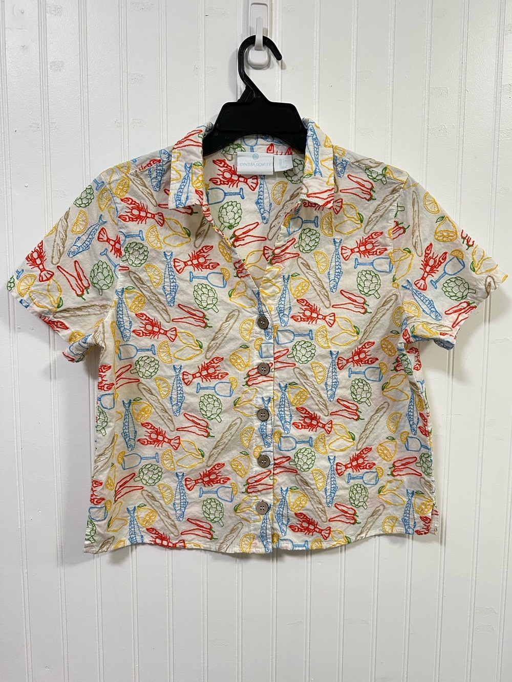 Cynthia Rowley L Cotton Boxy Relaxed Button Up Resort Coastal Beachy Embroidered